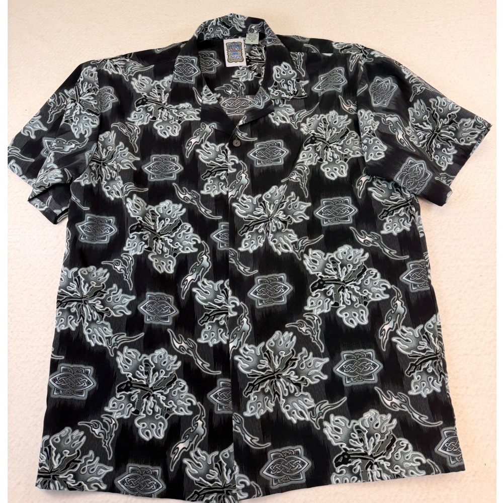 Ocean Current Vintage Mens Medium BlackTribal Hibiscus Celtic Knot Button Shirt